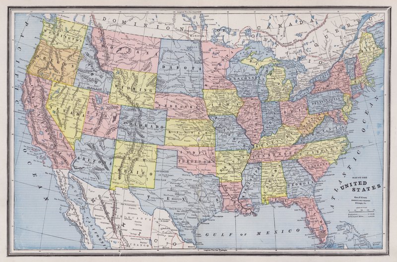 Karta över USA (färgad gravyr) av American School
