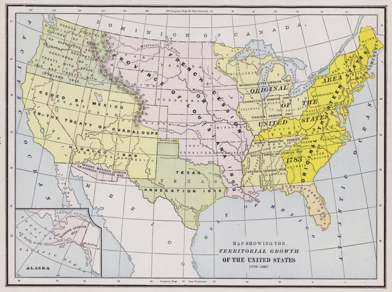 Karta som visar USA:s territoriella tillväxt (färgad gravyr) av American School