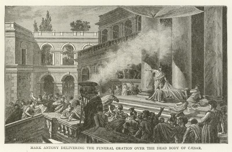 Mark Antony håller begravningstalen över Caesars döda kropp av American School