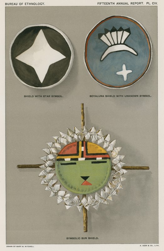 Indiansköldar - sköld med stjärnsymbol, Soyaluna-sköld med okänd symbol, symbolisk solsköld av American School