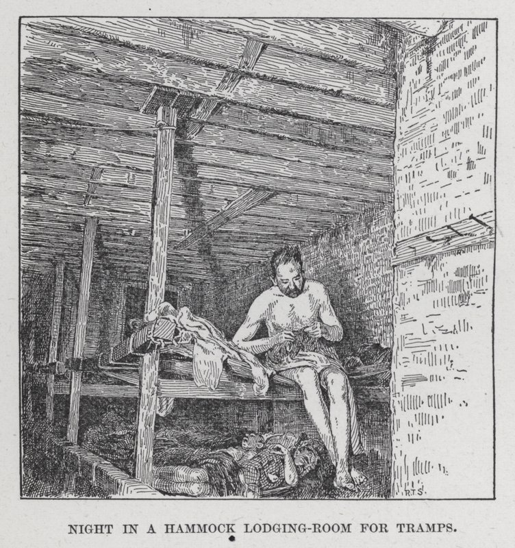 Natt i en hängmatta logi-rum för luffare (litho) av American School