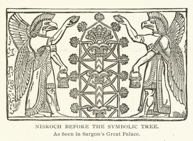 Nisroch före det symboliska trädet, som sett i Sargons stora palats av American School