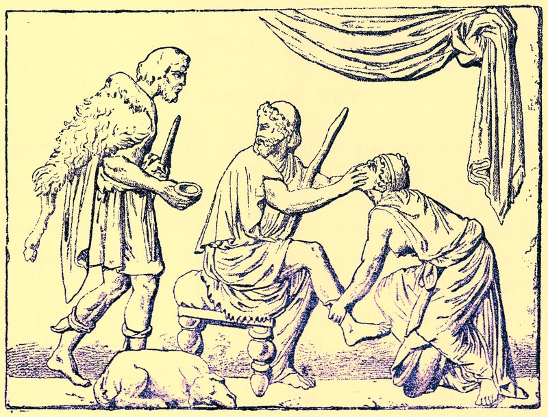 Odysseus igenkänd av sin sjuksköterska, illustration från History of Greece av Victor Duruy, publicerad 1890 (digitalt förbättrad bild) av American School