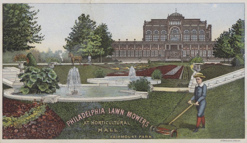 Philadelphia gräsklippare i trädgårdshuset (chromolitho) av American School