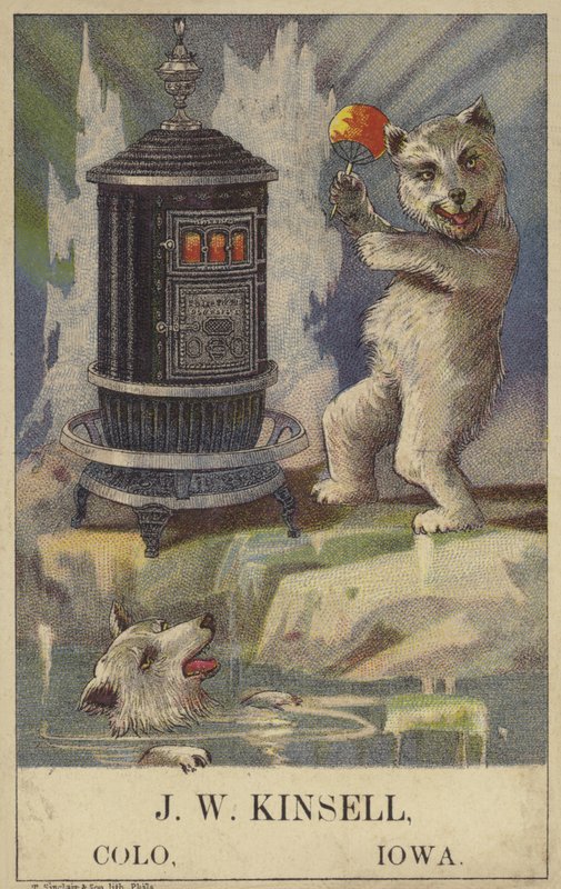 Isbjörn dansar vid en spis (chromolitho) av American School