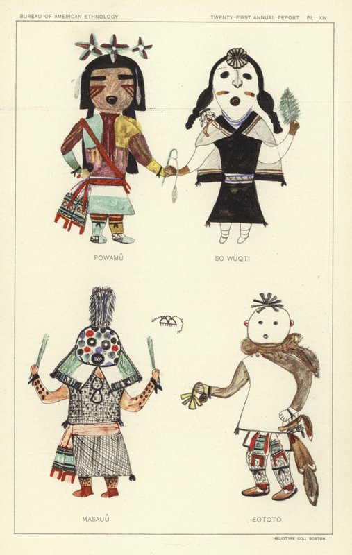 Powamu, So Wuqti, Masauu, Eototo (färglitografi) av American School