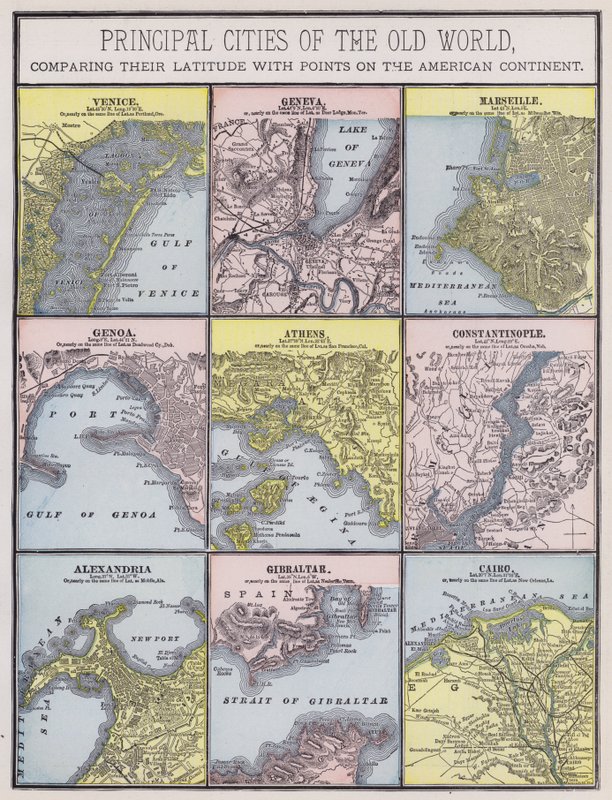 Gamla världens främsta städer (färgad gravyr) av American School