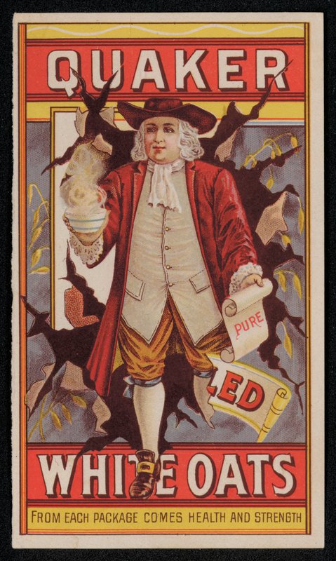 Quaker Oats, reklam sent 1800-tal eller tidigt 1900-tal (chromolitho) av American School
