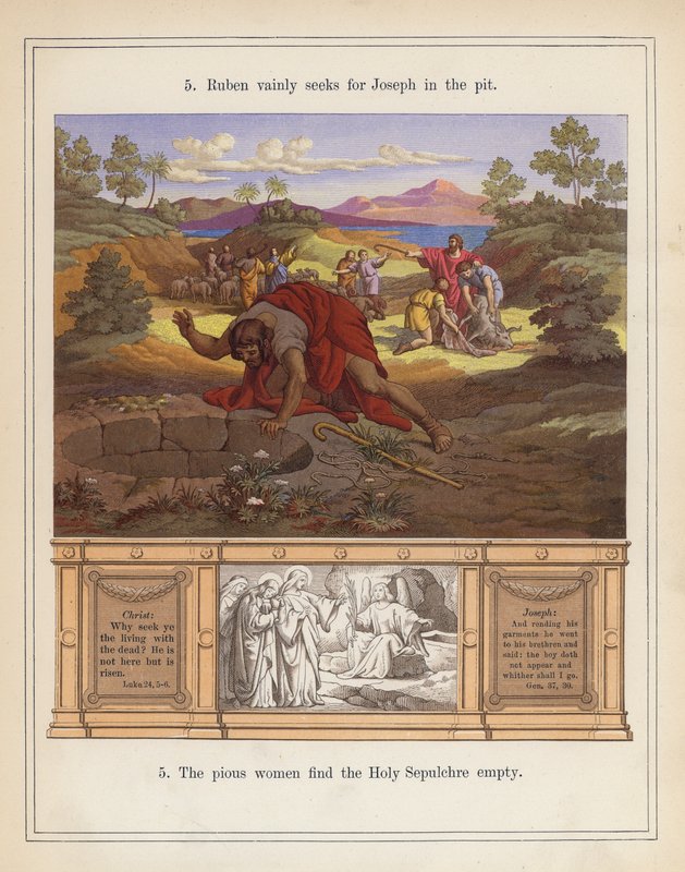 Ruben söker förgäves efter Joseph i gropen (färglitografi) av American School