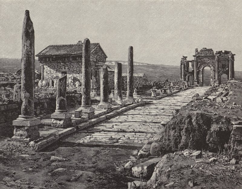 Ruinerna av den romersk-berberiska staden Timgad (gamla Thamugas), Algeriet (gravyr) av American School