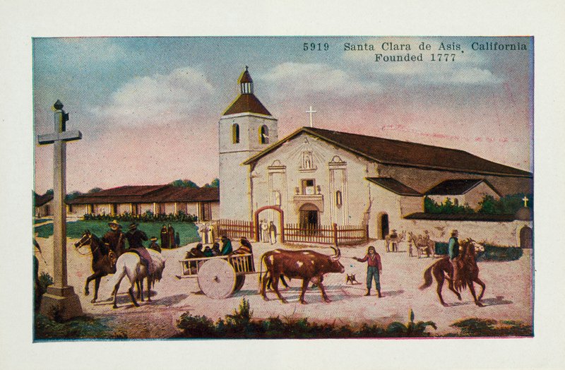 Santa Clara de Asis, Kalifornien, grundat 1777 (färg litho) av American School