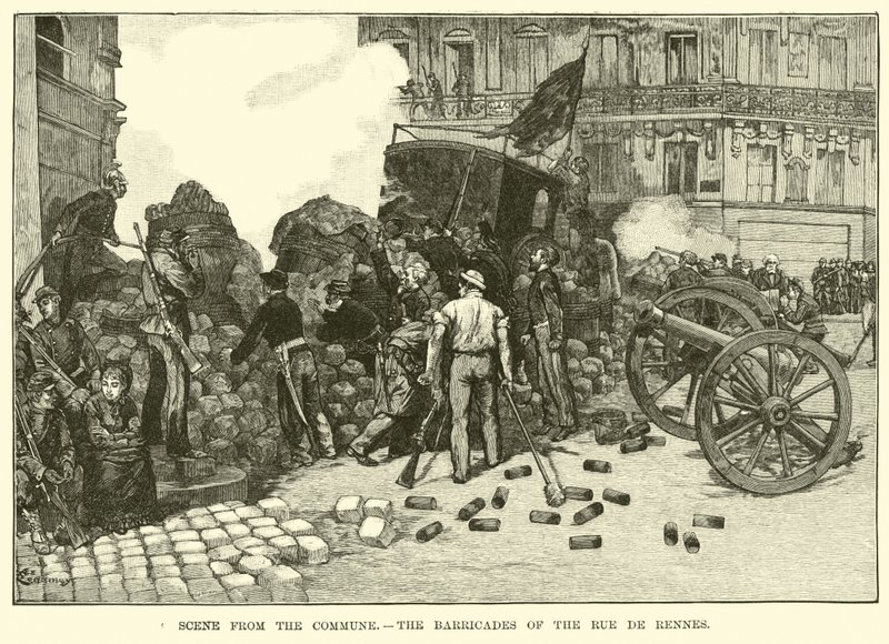 Scen från kommunen, barrikaderna på Rue de Rennes av American School
