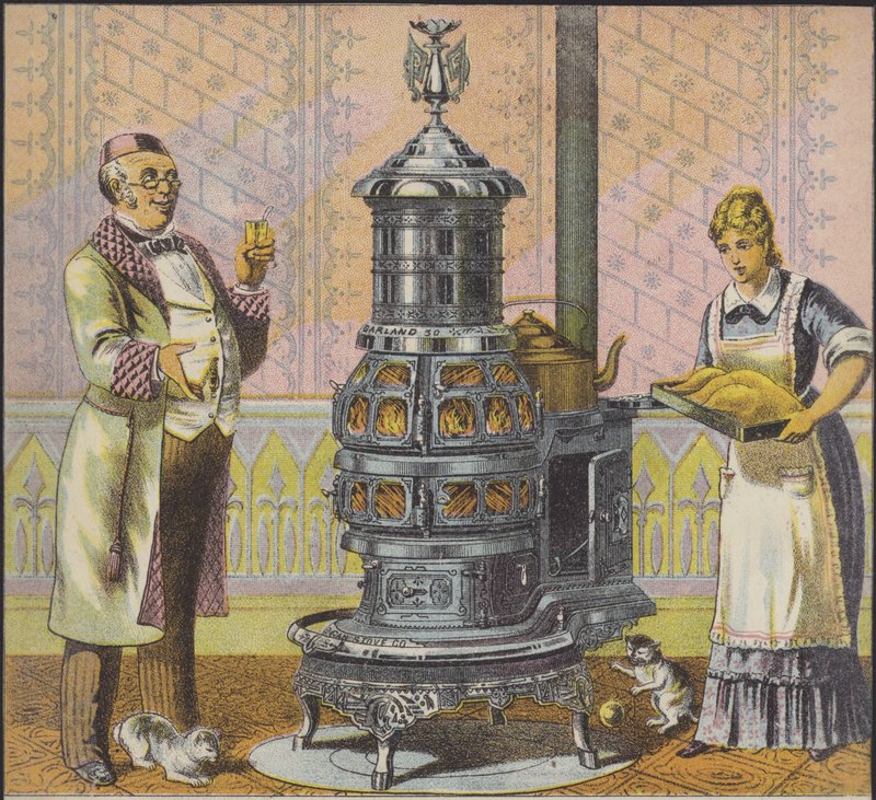 Tjänare lägger kalkon i en stor spis, med husets herre som tittar på (chromolitho) av American School