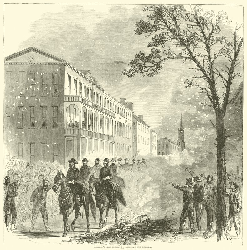 Shermans armé går in i Columbia, South Carolina, februari 1865 av American School