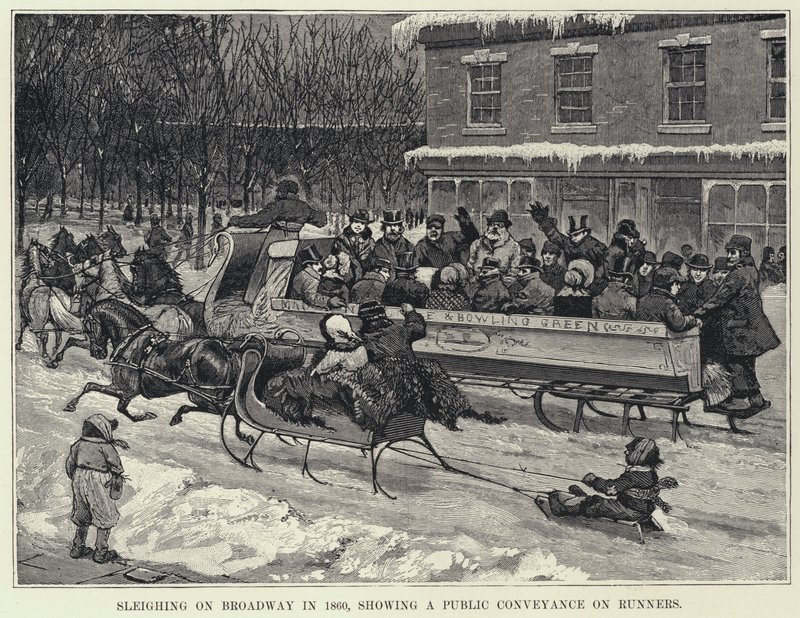 Släde på Broadway 1860, som visar ett allmänt transport på löpare (litho) av American School