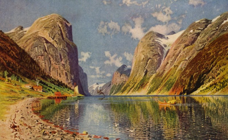 Sognefjorden på Norges kust (färg litho) av American School