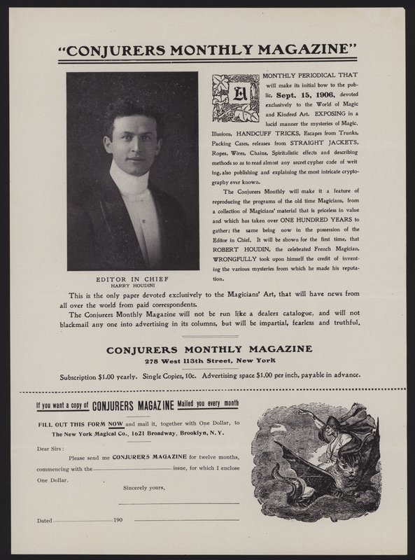 Prenumerationsformulär för Conjurers Monthly Magazine, chefredaktör Harry Houdini (litho) av American School