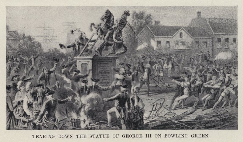 Riv ner statyn av George III på Bowling Green (litho) av American School