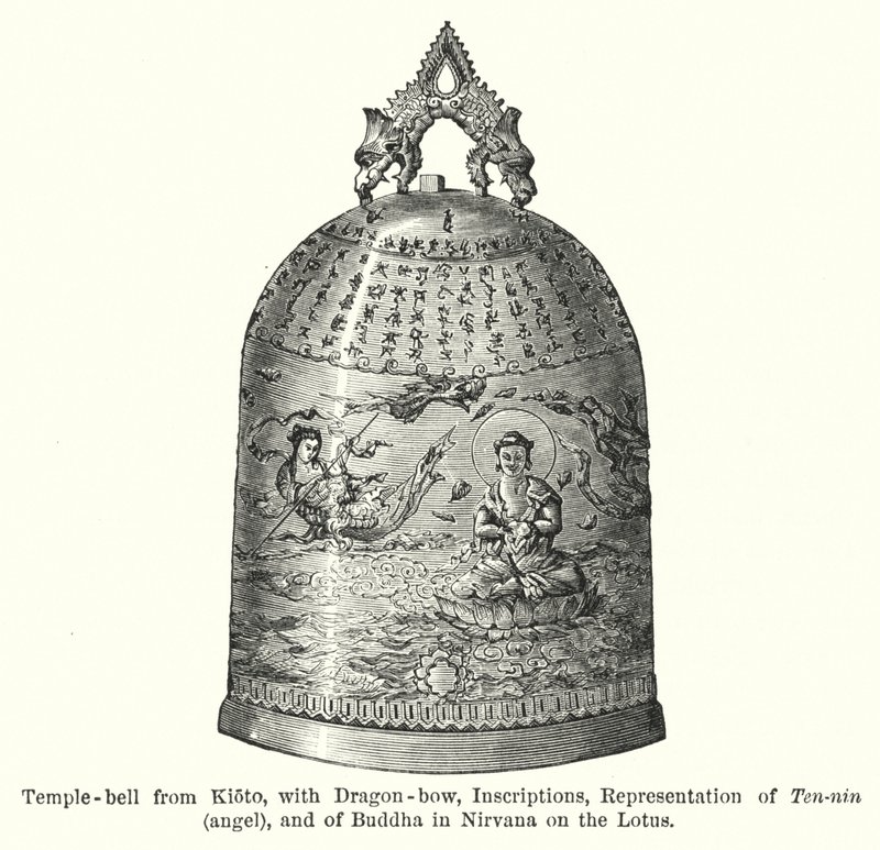 Tempelklocka från Kioto, med drakbåge, inskriptioner, representation av Ten-nin, ängel och av Buddha i Nirvana på Lotus (gravyr) av American School