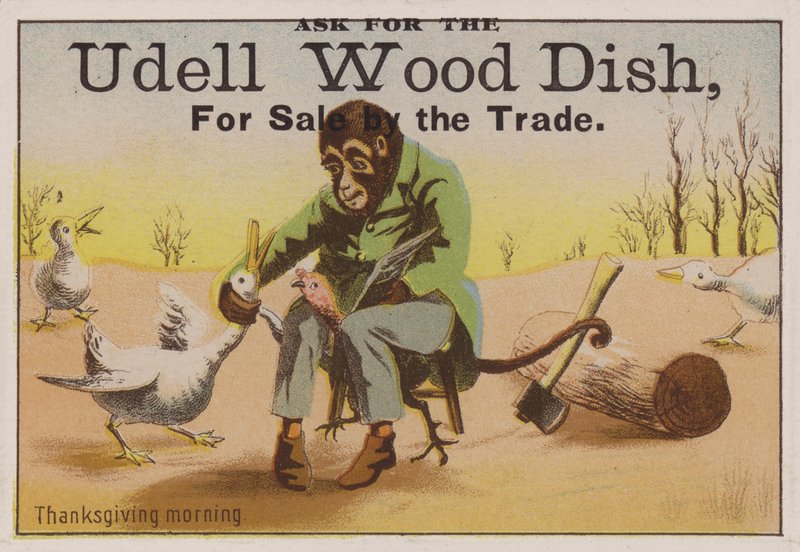 Thanksgiving morgon, handelskort reklam Udell trärätter av American School