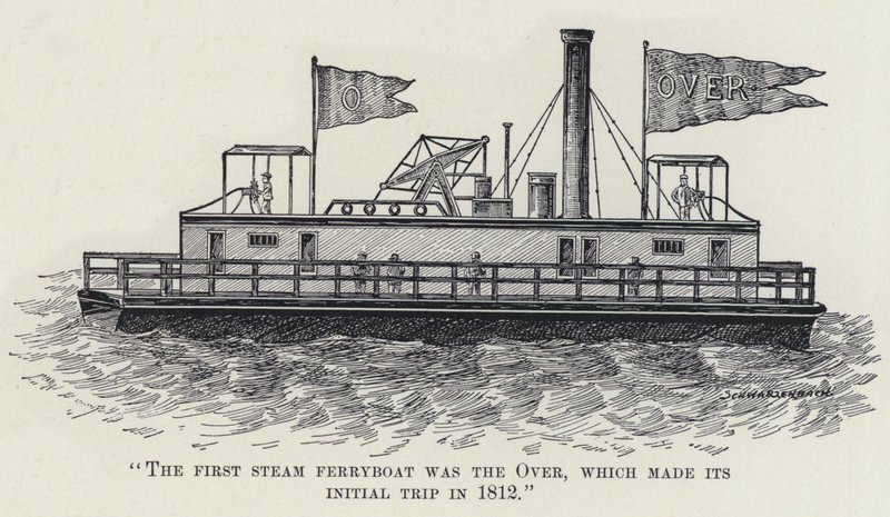 "The First Steam Ferryboat was the Over, som gjorde sin första resa 1812" (litho) av American School