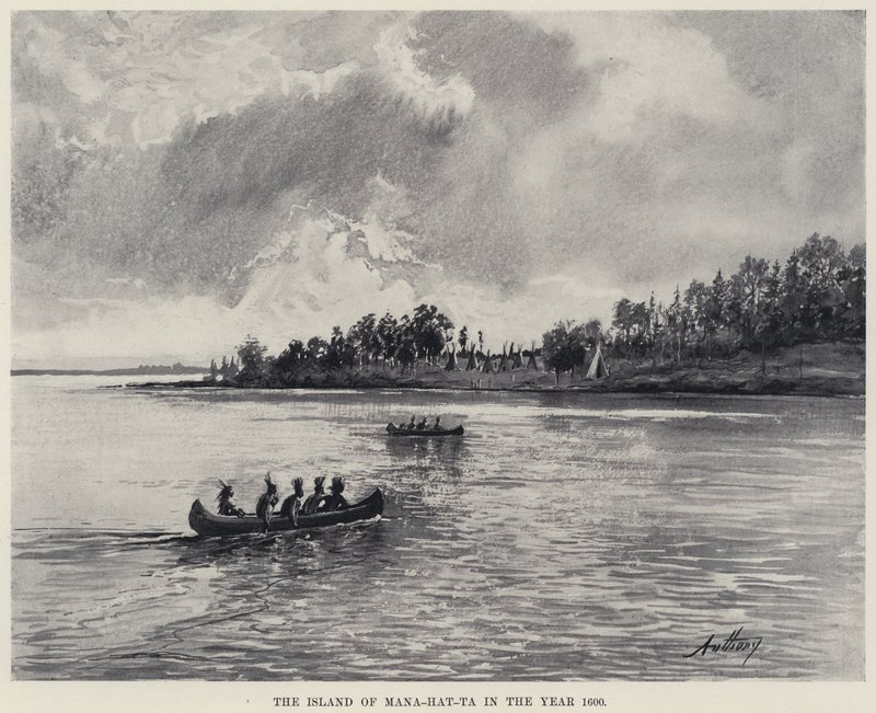 Ön Mana-hat-ta år 1600 (litho) av American School