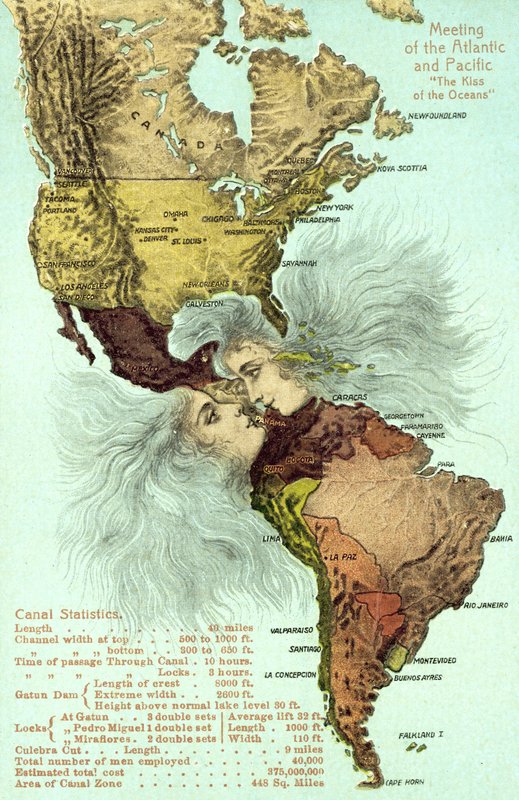 Panamakanalen, Stilla havet och Atlanten kysser (färg litho) av American School