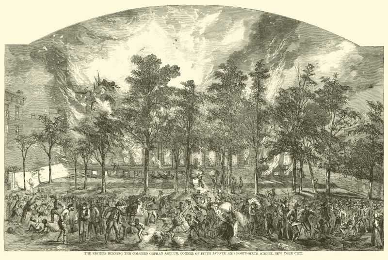 Upprorsmakarna som brände Coloured Orphan Asylum, hörnet av Fifth Avenue och Forty-Sixth Street, New York City, juli 1863 av American School