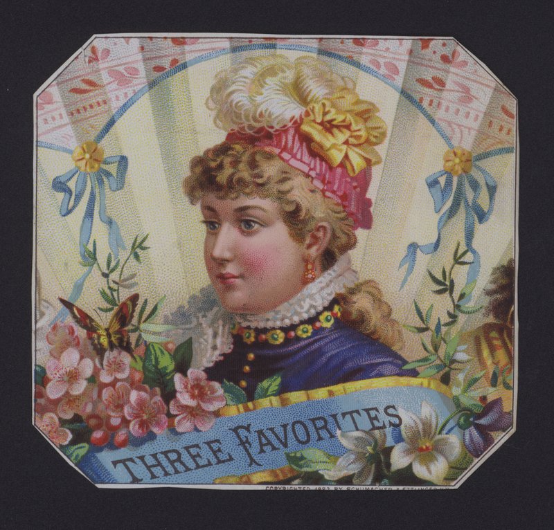 Tre favoriter, cigarretikett (chromolitho) av American School