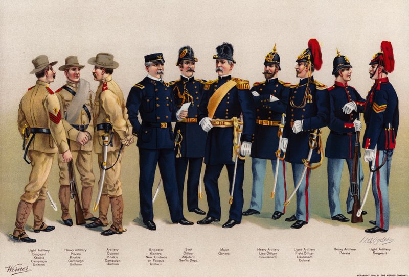 US Army, uniformer, 7 artilleri, 3 officerare figurer av American School
