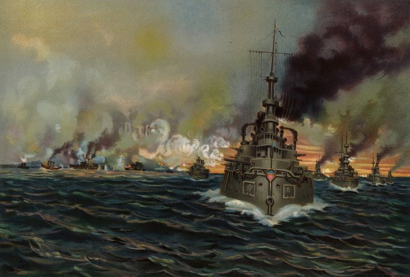 US Navy, sjöslaget vid Santiago, 3 juli 1898 (färg litho) av American School