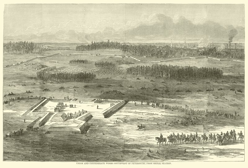 Union and Confederate arbetar sydväst om Petersburg, från signalstationen, mars 1865 av American School