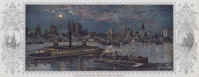 Utsikt över Manhattan Island på natten, från en färja i Jersey City (färglitografi) av American School