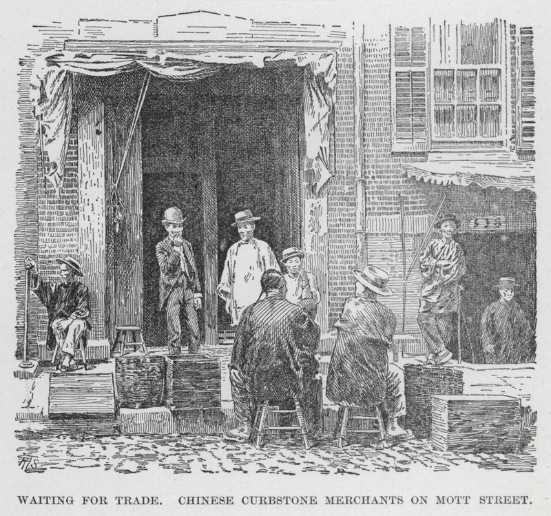 Väntar på handel, kinesiska kantstenshandlare på Mott Street (litho) av American School