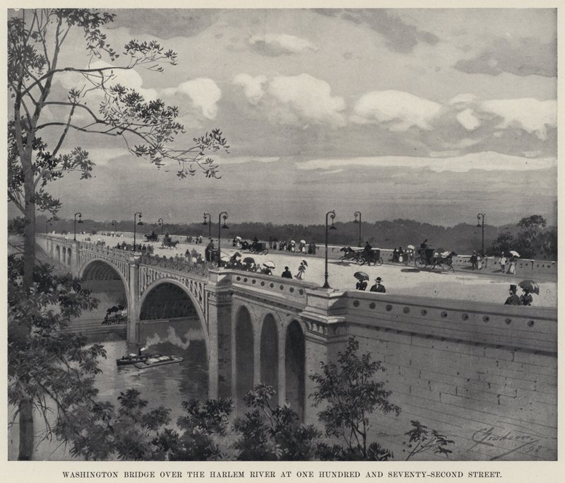 Washington Bridge över Harlem River vid One Hundred and Seventy-Second Street (litho) av American School