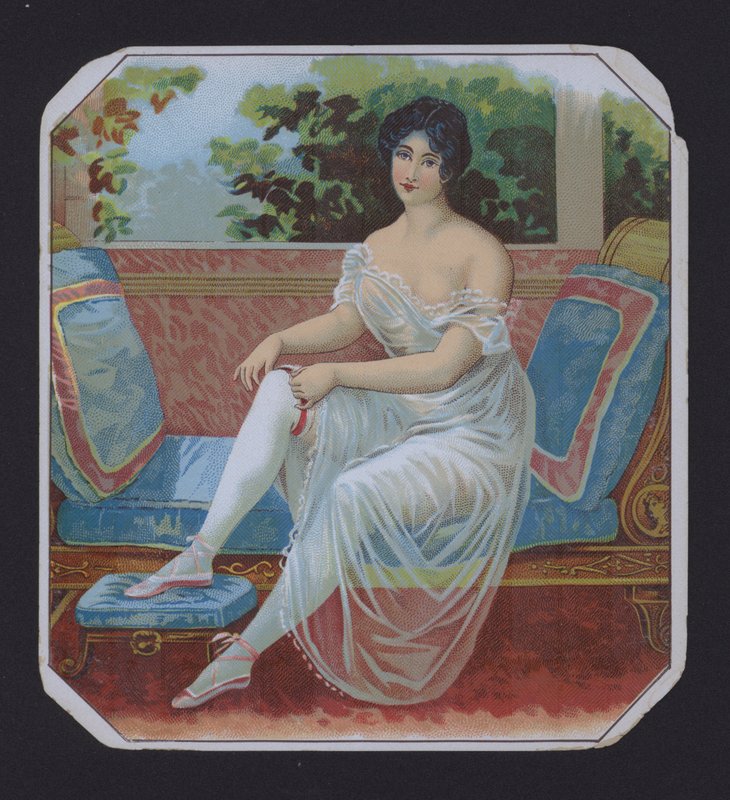 Kvinna i negligé, cigarretikett (chromolitho) av American School