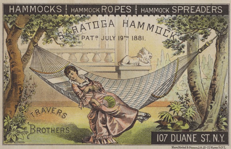 Kvinna som ligger i hängmatta med kinesisk fläkt (chromolitho) av American School