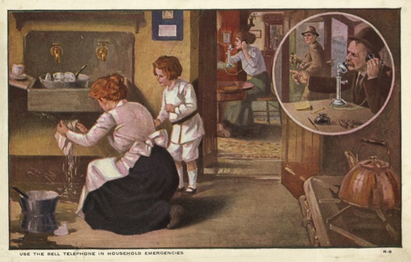 Kvinna som ringer en rörmokare (färg litho) av American School