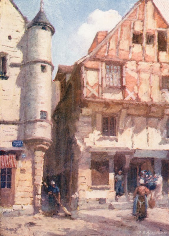 Gamla hus vid Chinon (färglitografi) av Amy B. Atkinson