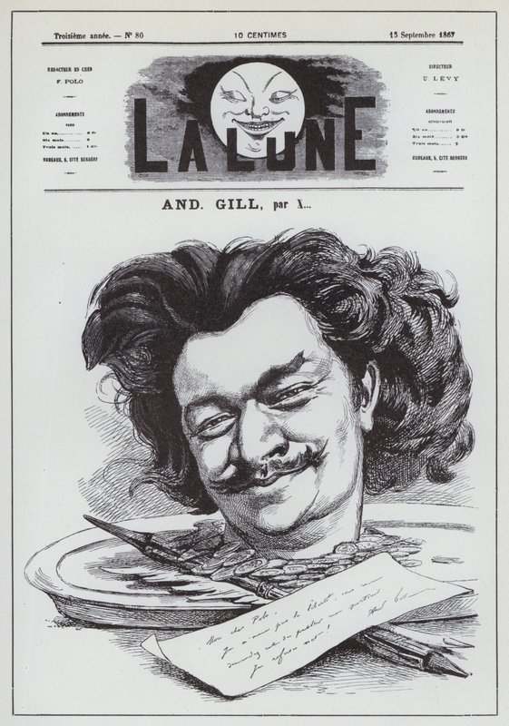 Självporträtt av den franske karikatyristen Andre Gill (litho) av Andre Gill