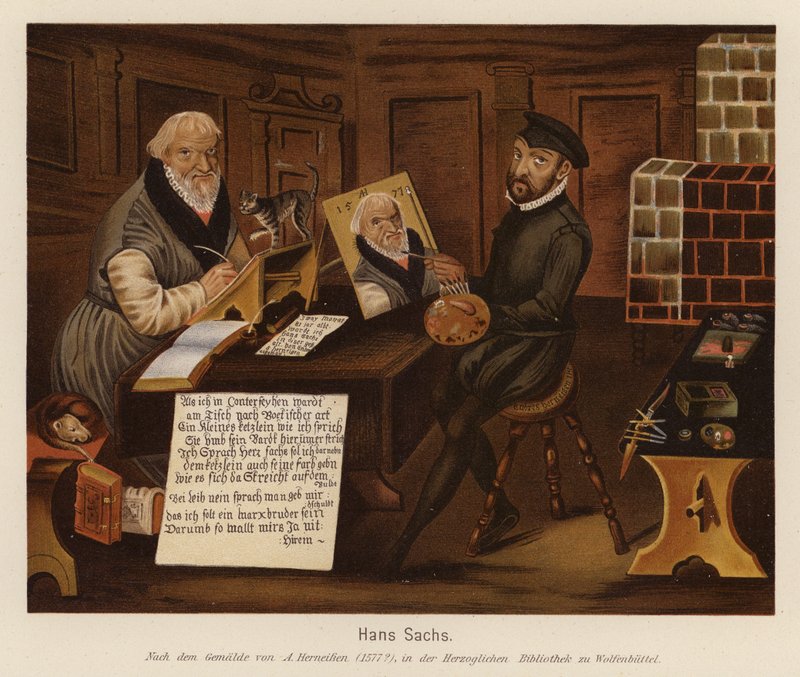 Hans Sachs, tysk meistersångare, poet och dramatiker (färglitografi) av Andreas Herneisen