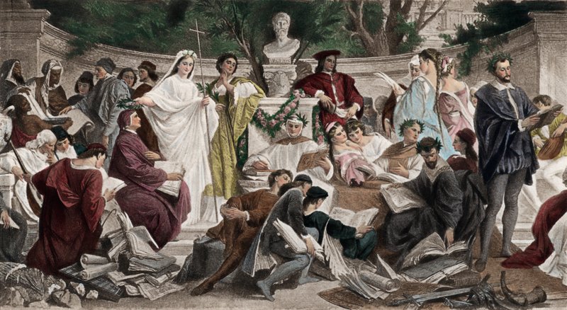 Medicis guldålder (fotogravyr i färg) av Andreas Johann Jacob Müller