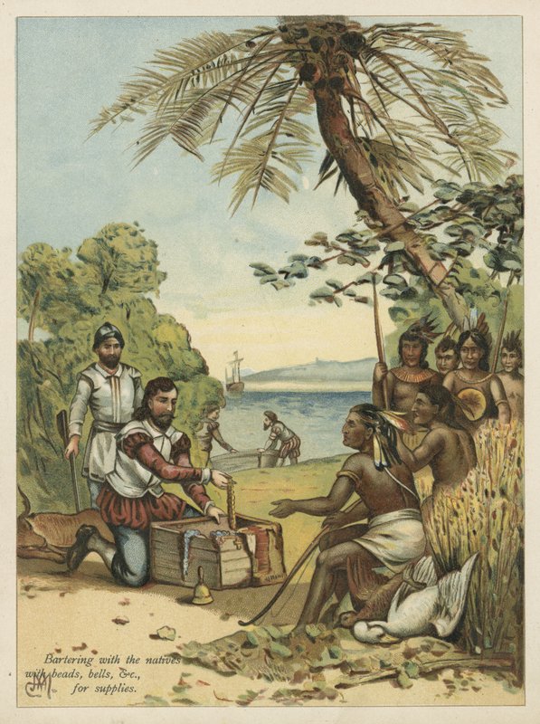 Columbus byter med indianer för förnödenheter (chromolitho) av Andrew Melrose