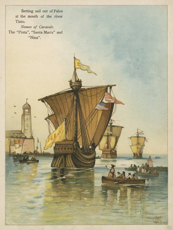 Columbus seglar mot den nya världen (chromolitho) av Andrew Melrose