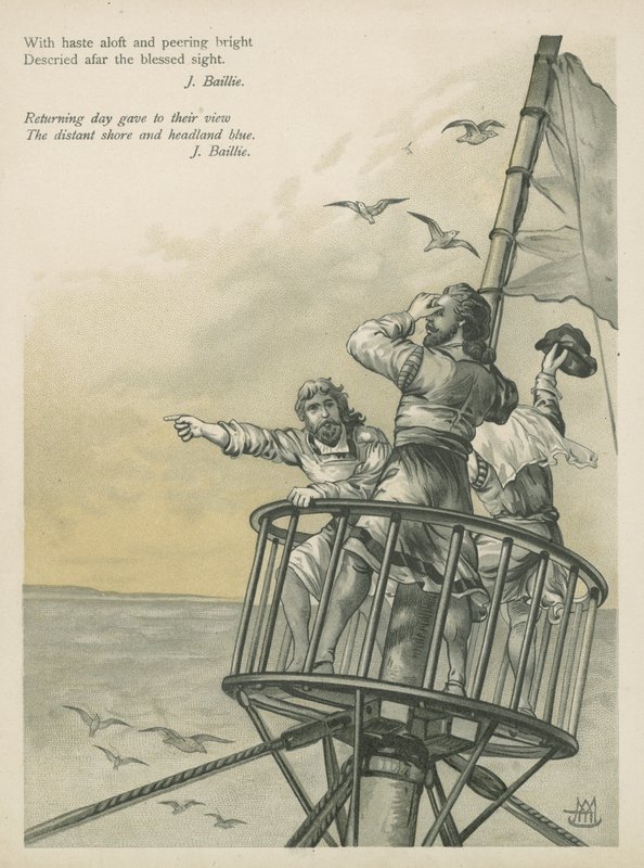 Utkikspunkter som ser land i den nya världen (chromolitho) av Andrew Melrose