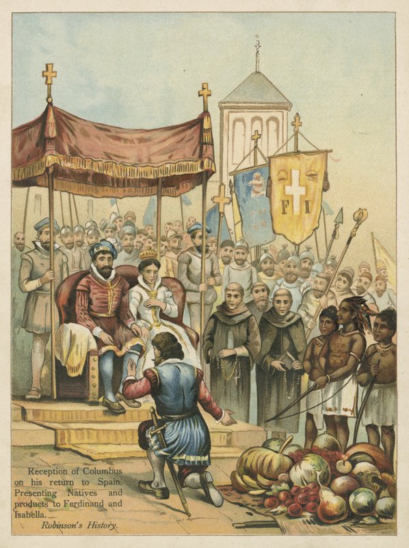 Mottagande av Columbus när han återvände från den nya världen (chromolitho) av Andrew Melrose