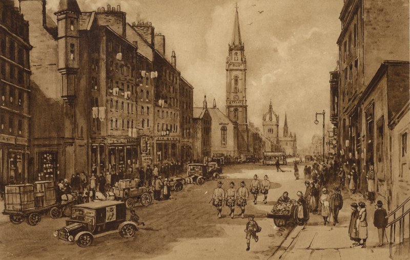 Edinburgh: High Street, med utsikt mot Tron Church och St Giles Cathedral (litho) av Andrew Allan