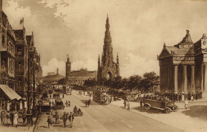Edinburgh: Princes Street från Mound (litho) av Andrew Allan