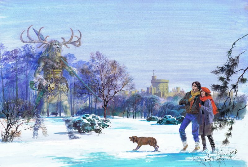Jägaren Herne framträder i Windsor Great Park (gouache på papper) av Andrew Howat