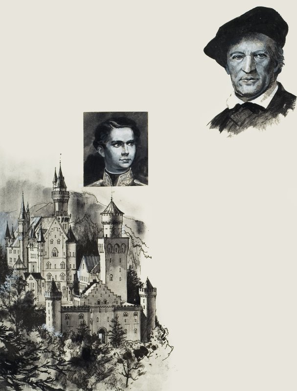 Ludwig II av Bayern och hans slott Neuschwanstein (gouache på papper) av Andrew Howat